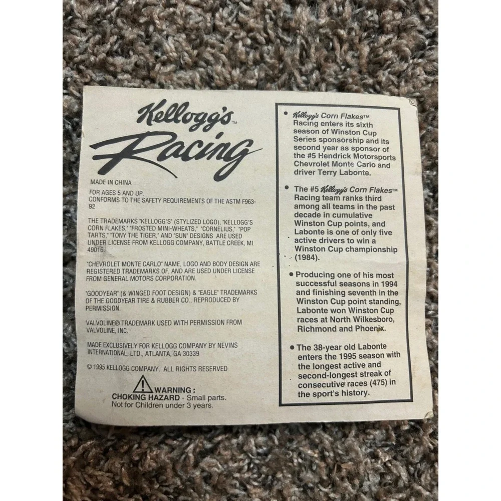 Vintage 1995 Kelloggs Racing Terry Labonte 5 Chevrolet Monte Carlo Mini Car NIP